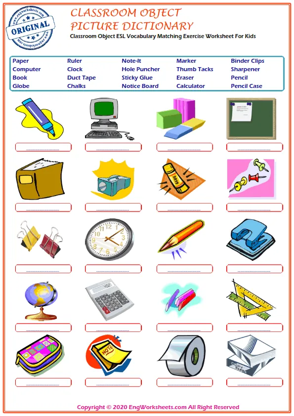 Classroom Objects ESL Vocabulary Matching Exercise Worksheet For Kids Worksheet Preview
