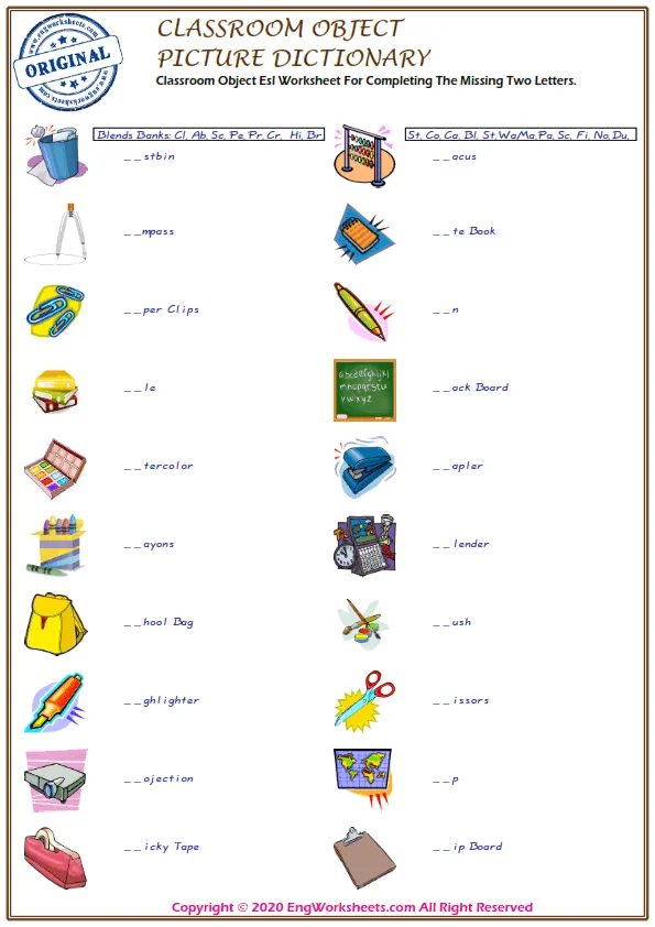 Classroom Objects Esl Worksheet For Completing The Missing Two Letters. Worksheet Preview