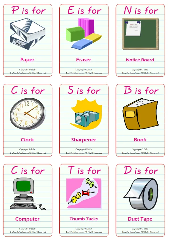 Classroom Objects vocabulary worksheet with words, nine images per page Worksheet Preview