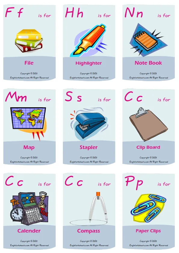 Classroom Objects vocabulary worksheet with words, nine images per page Worksheet Preview