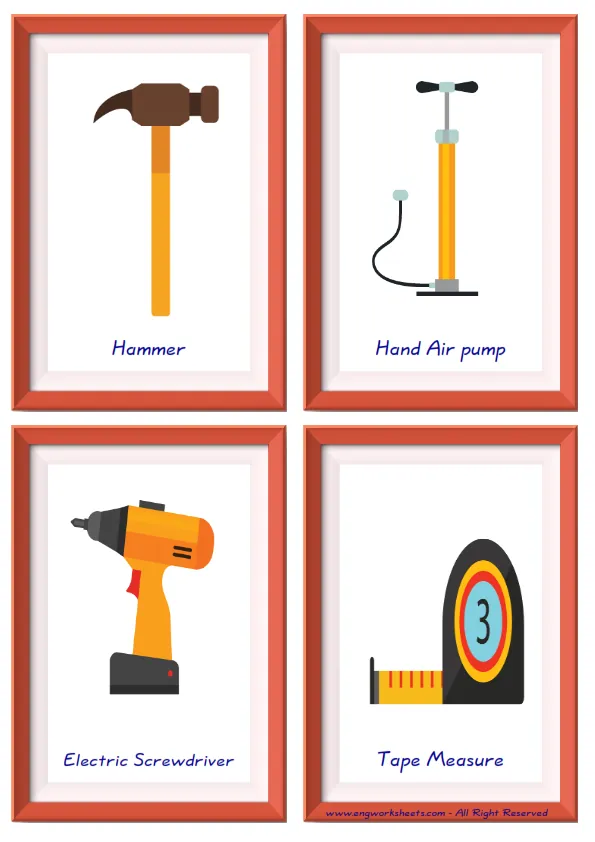 Quarter page ESL Flashcard together with words containing Construction Tools picture for kids and teachers. Worksheet Preview