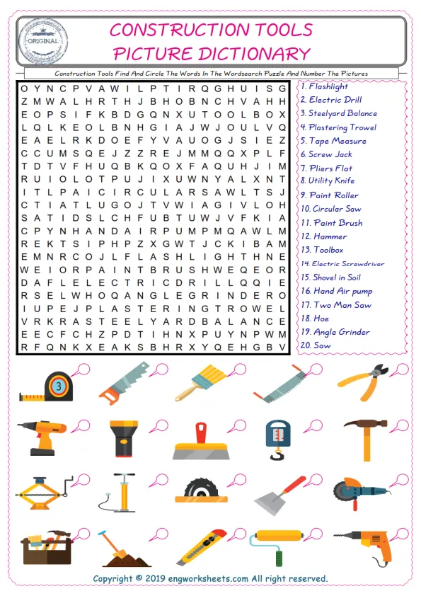 ESL wordsearch worksheets for kids, find Construction Tools words in the word wordsearch write its number on its picture English worksheet. Worksheet Preview