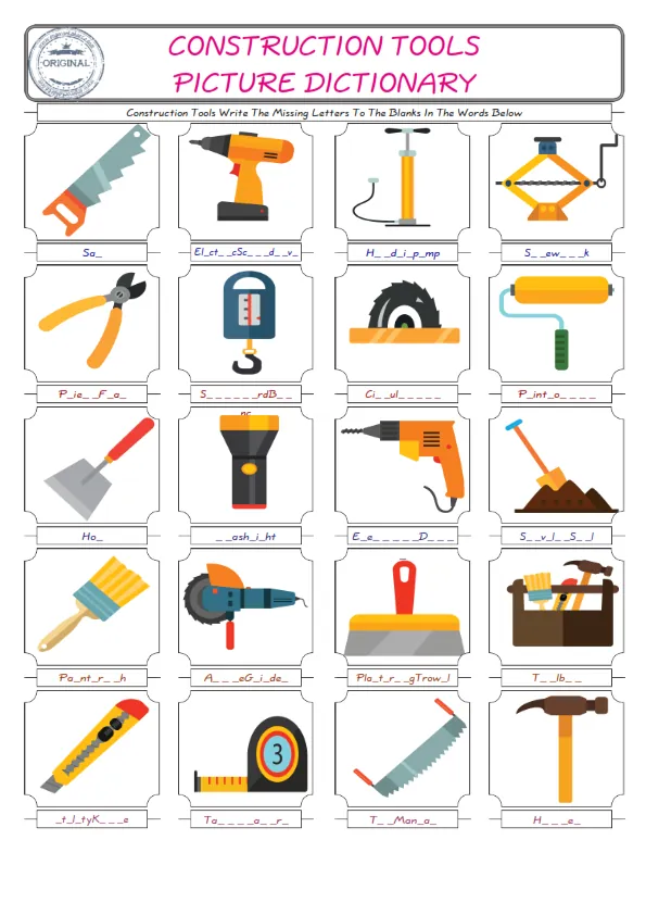 Construction Tools Words English worksheets For kids, the ESL Worksheet for finding and typing the missing letters of Construction Tools Words Worksheet Preview