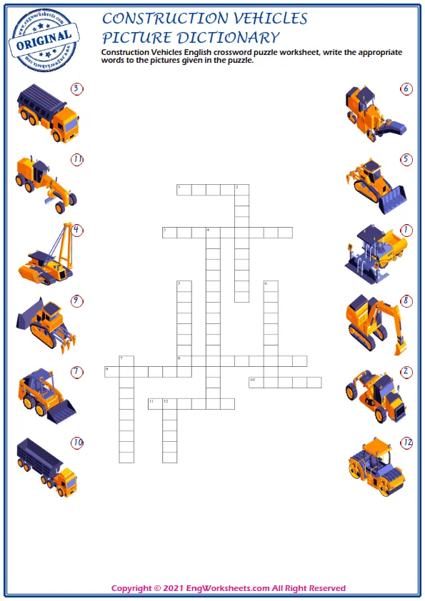 Construction Vehicles English crossword puzzle worksheet, write the appropriate words to the pictures given in the puzzle. Worksheet Preview