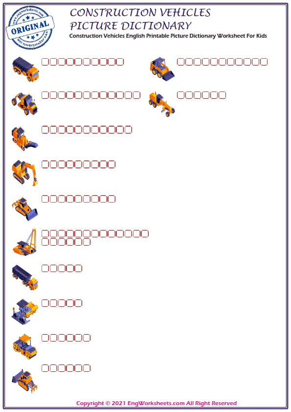 Construction Vehicles English Printable Picture Dictionary Worksheet For Kids Worksheet Preview