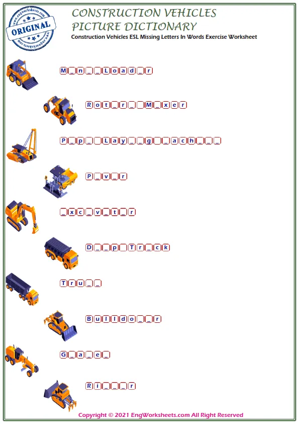 Construction Vehicles ESL Missing Letters In Words Exercise Worksheet Worksheet Preview