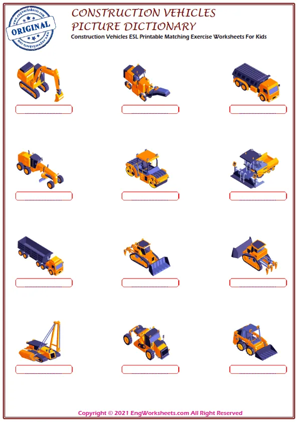 Construction Vehicles ESL Printable Matching Exercise Worksheets For Kids Worksheet Preview