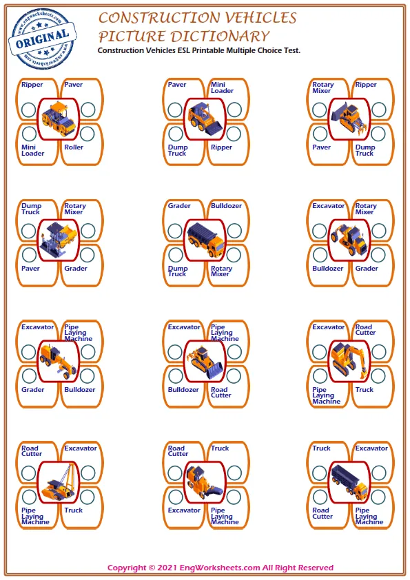Construction Vehicles ESL Printable Multiple Choice Test. Worksheet Preview