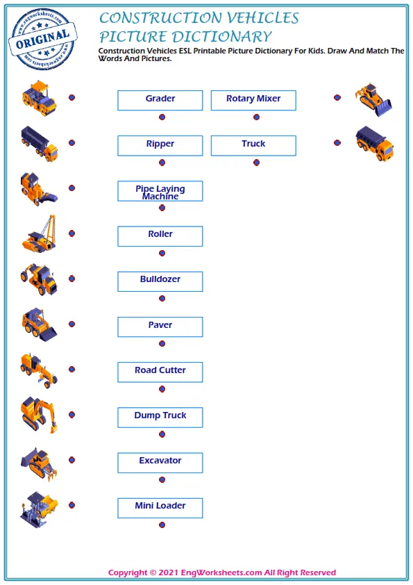 Construction Vehicles ESL Printable Picture Dictionary For Kids. Draw And Match The Words And Pictures. Worksheet Preview