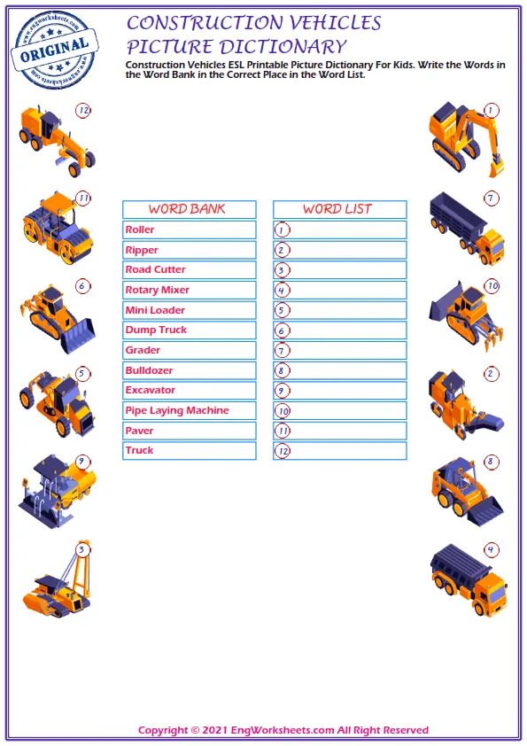 Construction Vehicles ESL Printable Picture Dictionary For Kids. Write the Words in the Word Bank in the Correct Place in the Word List. Worksheet Preview