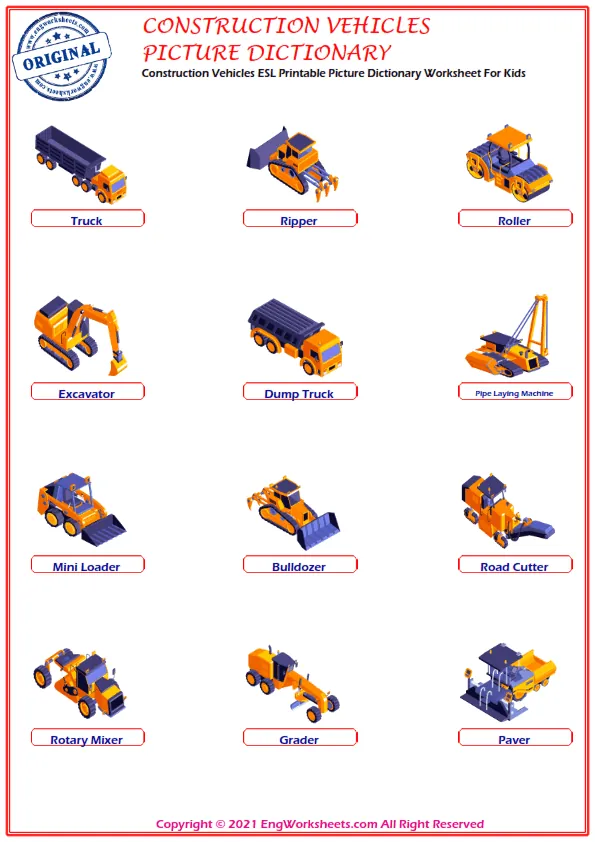 Construction Vehicles ESL Printable Picture Dictionary Worksheet For Kids Worksheet Preview