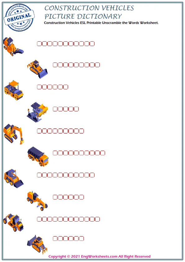 Construction Vehicles ESL Printable Unscramble the Words Worksheet. Worksheet Preview
