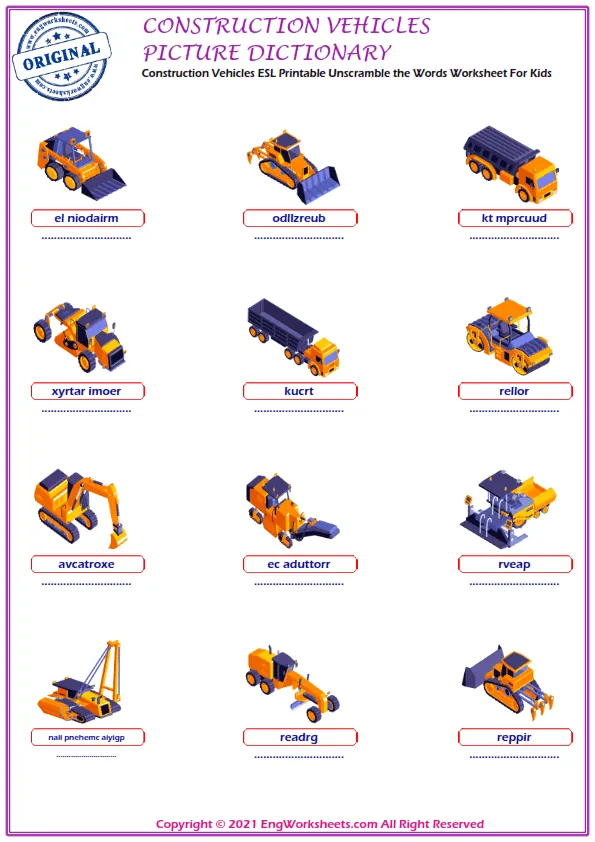 Construction Vehicles ESL Printable Unscramble the Words Worksheet For Kids Worksheet Preview