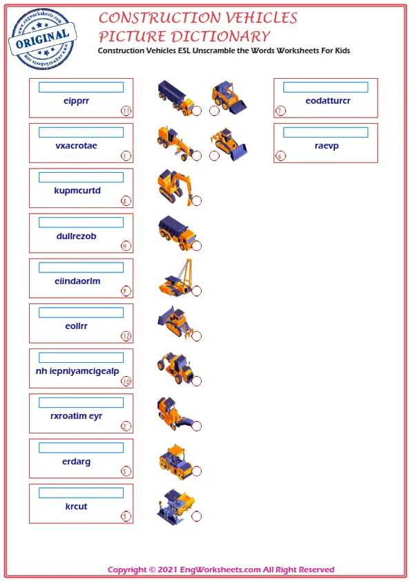 Construction Vehicles ESL Unscramble the Words Worksheets For Kids Worksheet Preview