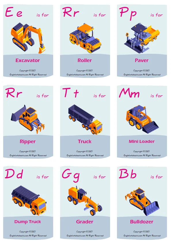 Construction Vehicles vocabulary worksheet with words, nine images per page Worksheet Preview
