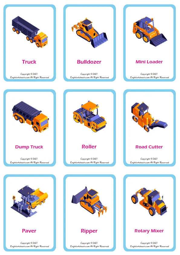 Construction Vehicles vocabulary worksheet with words, nine images per page Worksheet Preview
