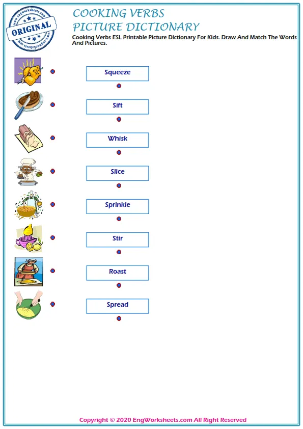 Cooking Verbs ESL Printable Picture Dictionary For Kids. Draw And Match The Words And Pictures. Worksheet Preview
