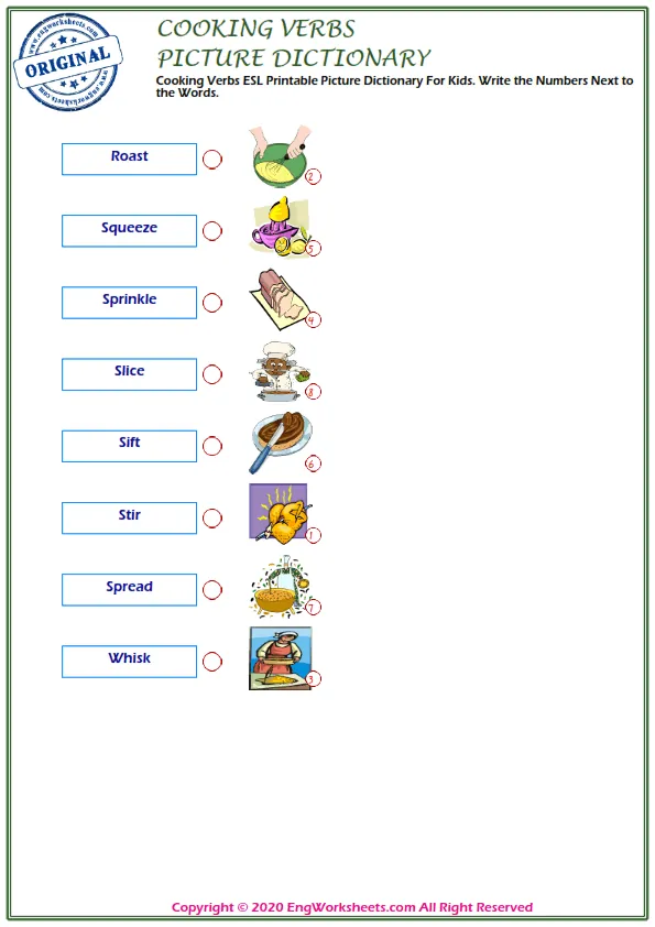 Cooking Verbs ESL Printable Picture Dictionary For Kids. Write the Numbers Next to the Words. Worksheet Preview