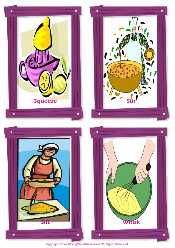 Cooking Verbs vocabulary worksheet with words, four images per page Worksheet Preview