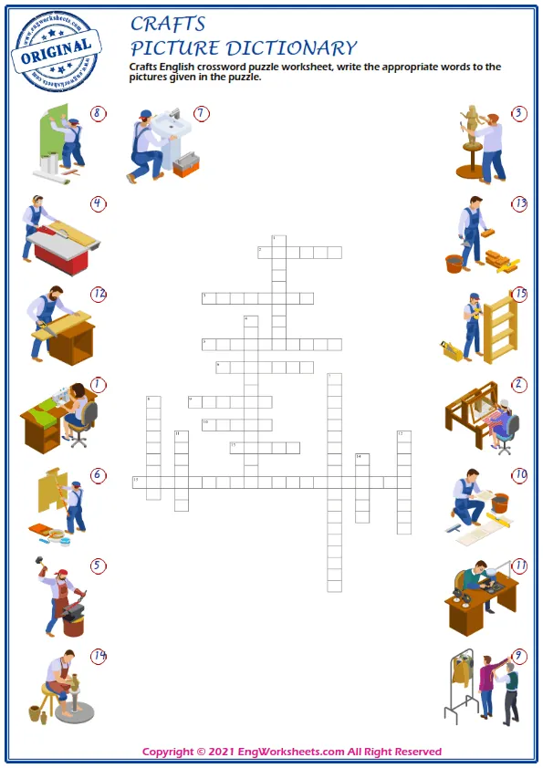 Crafts English crossword puzzle worksheet, write the appropriate words to the pictures given in the puzzle. Worksheet Preview