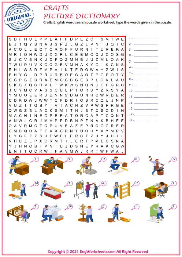Crafts English word search puzzle worksheet, type the words given in the puzzle. Worksheet Preview