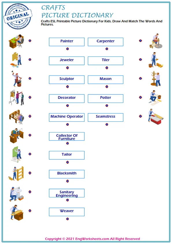 Crafts ESL Printable Picture Dictionary For Kids. Draw And Match The Words And Pictures. Worksheet Preview