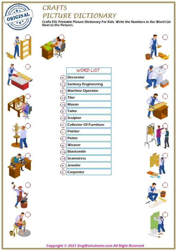 Crafts ESL Printable Picture Dictionary For Kids. Write the Numbers in the Word List Next to the Pictures. Worksheet Preview