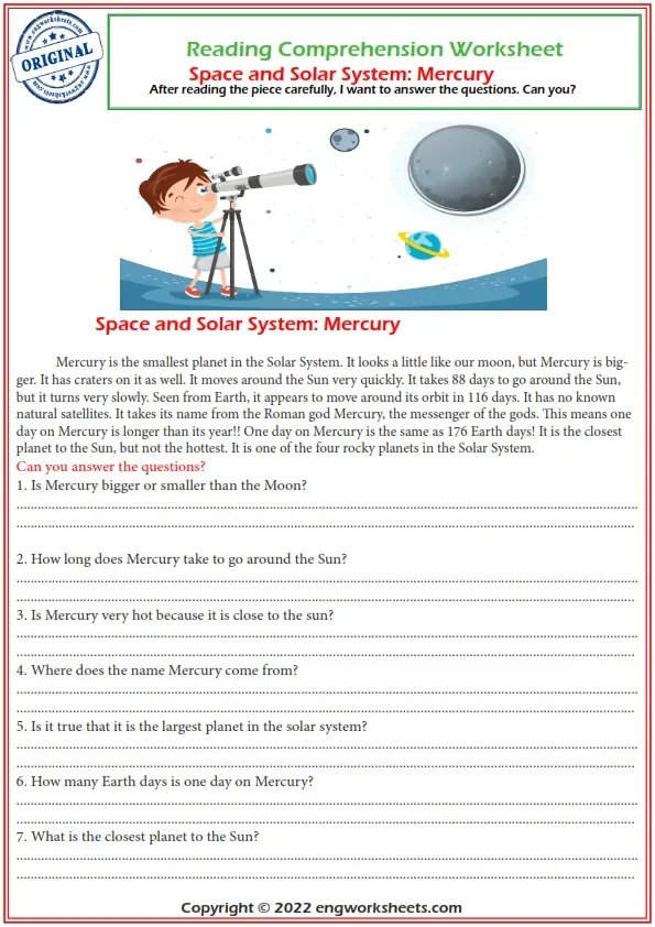 Reading Comprehension Worksheets - Solar System Mercury Planet Reading Comprehension Worksheet. Worksheet Preview