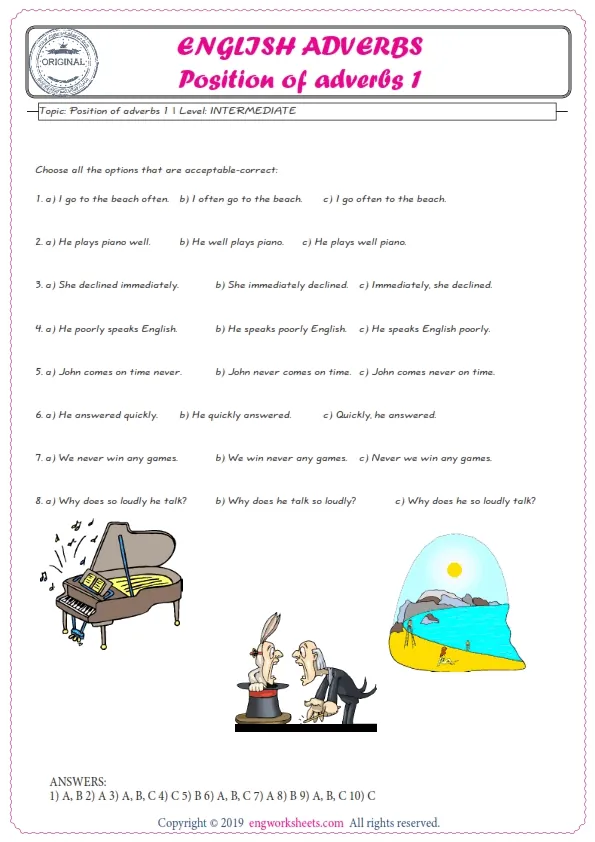 English Adverbs Position Of Adverbs Worksheet Preview