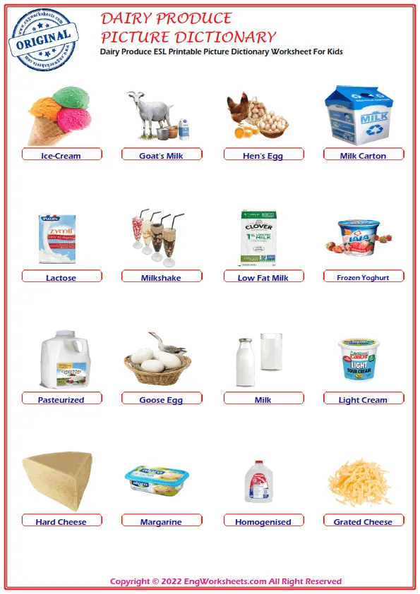 Dairy Produce ESL Printable Picture Dictionary Worksheet For Kids Worksheet Preview