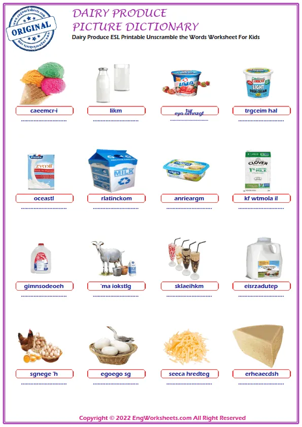 Dairy Produce ESL Printable Unscramble the Words Worksheet For Kids Worksheet Preview