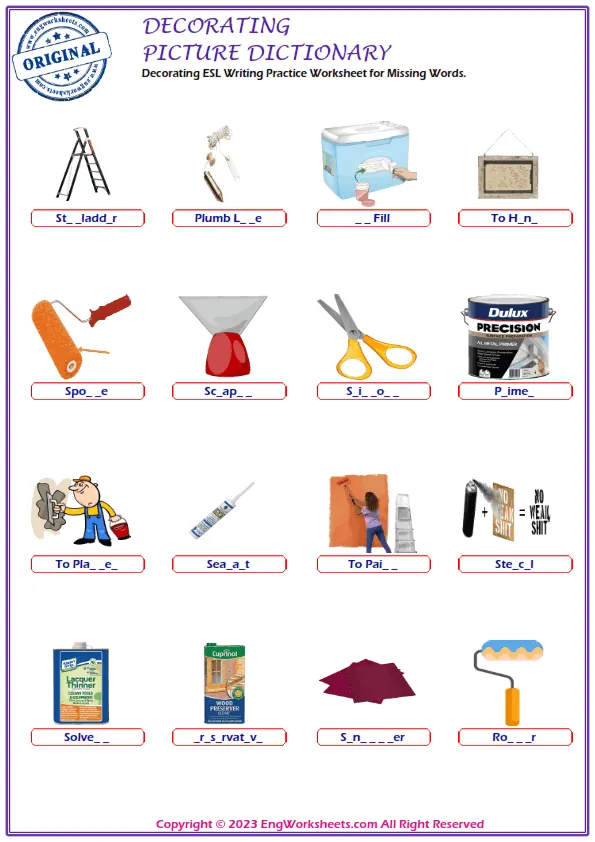 Decorating ESL Writing Practice Worksheet for Missing Words. Worksheet Preview