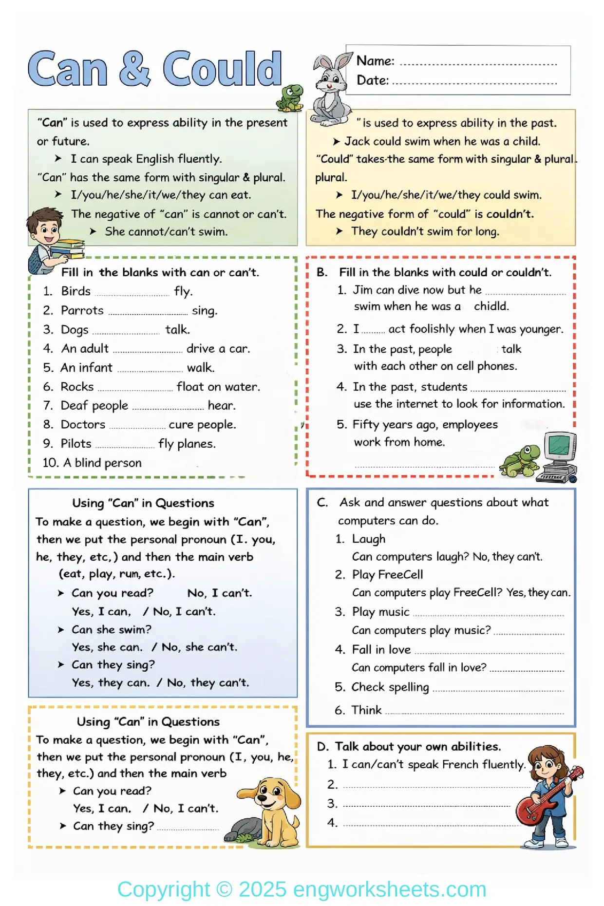 Can and Could Grammar Worksheet ESL Skills Exercises Worksheet Preview