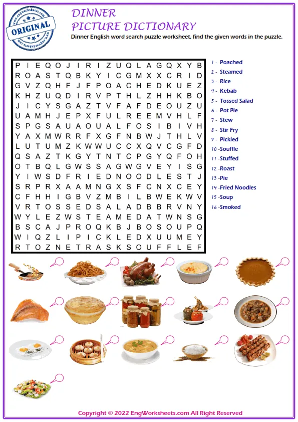 Dinner English word search puzzle worksheet, find the given words in the puzzle. Worksheet Preview