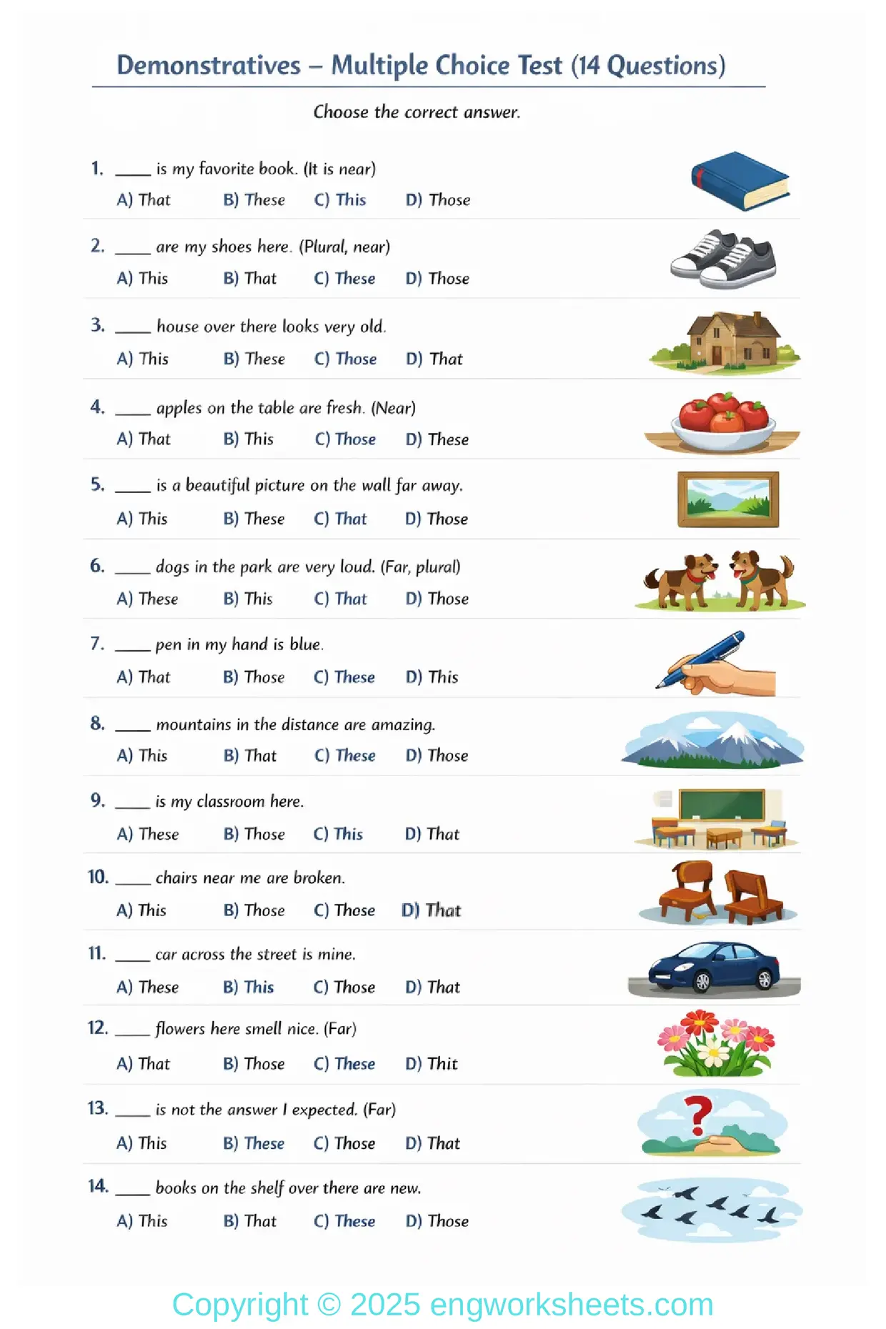 Demonstratives Multiple Choice Test with Answer Key Worksheet Preview