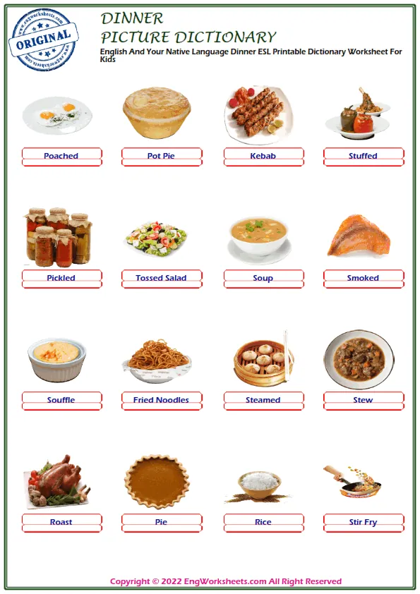 English And Your Native Language Dinner ESL Printable Dictionary Worksheet For Kids Worksheet Preview