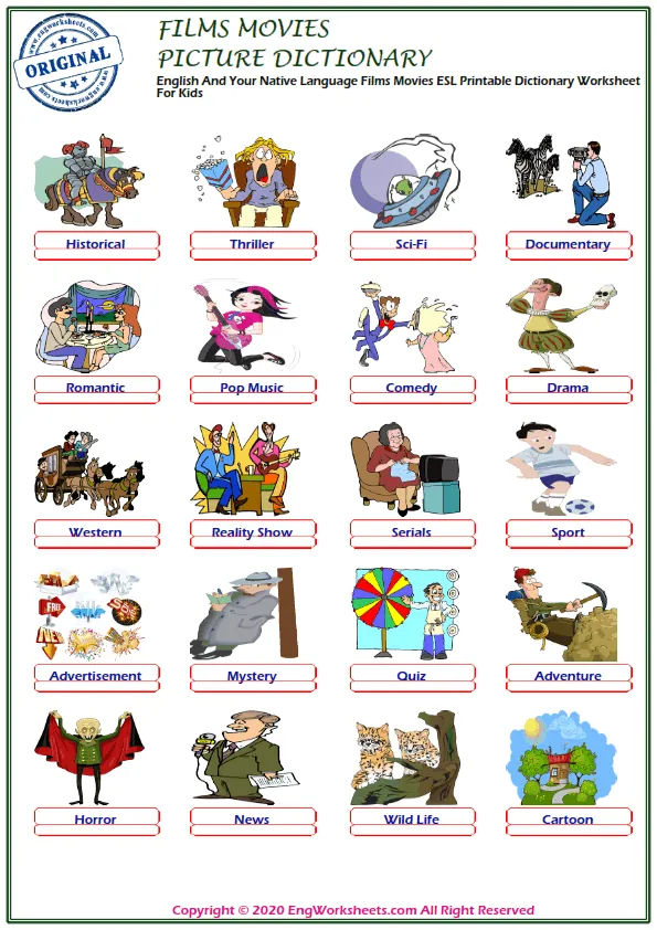 English And Your Native Language Films Movies ESL Printable Dictionary Worksheet For Kids Worksheet Preview