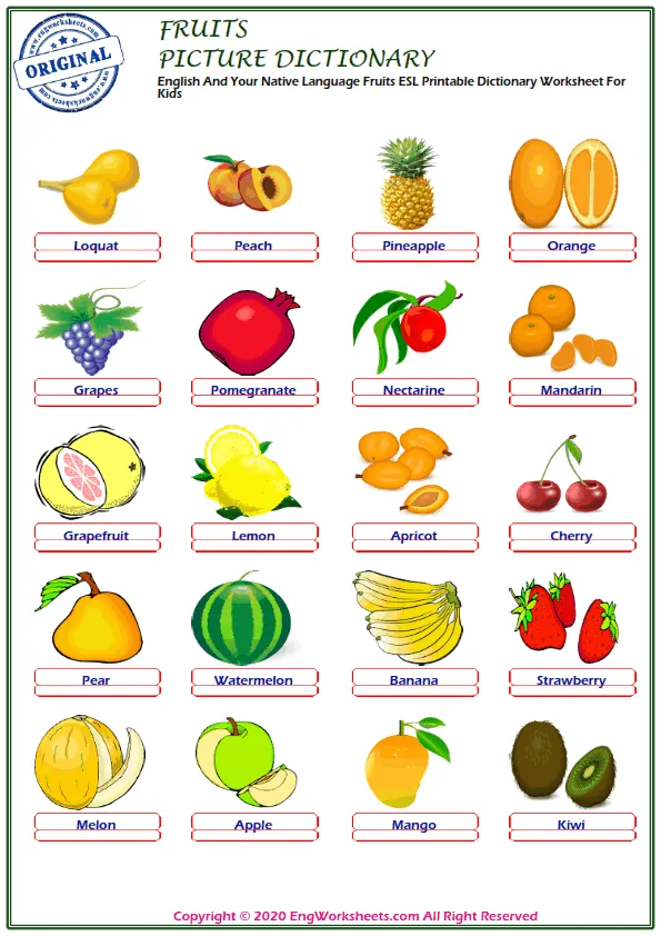 English And Your Native Language Fruits ESL Printable Dictionary Worksheet For Kids Worksheet Preview