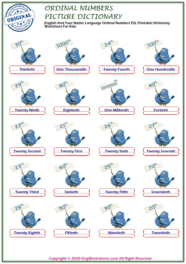 English And Your Native Language Ordinal Numbers ESL Printable Dictionary Worksheet For Kids Worksheet Preview