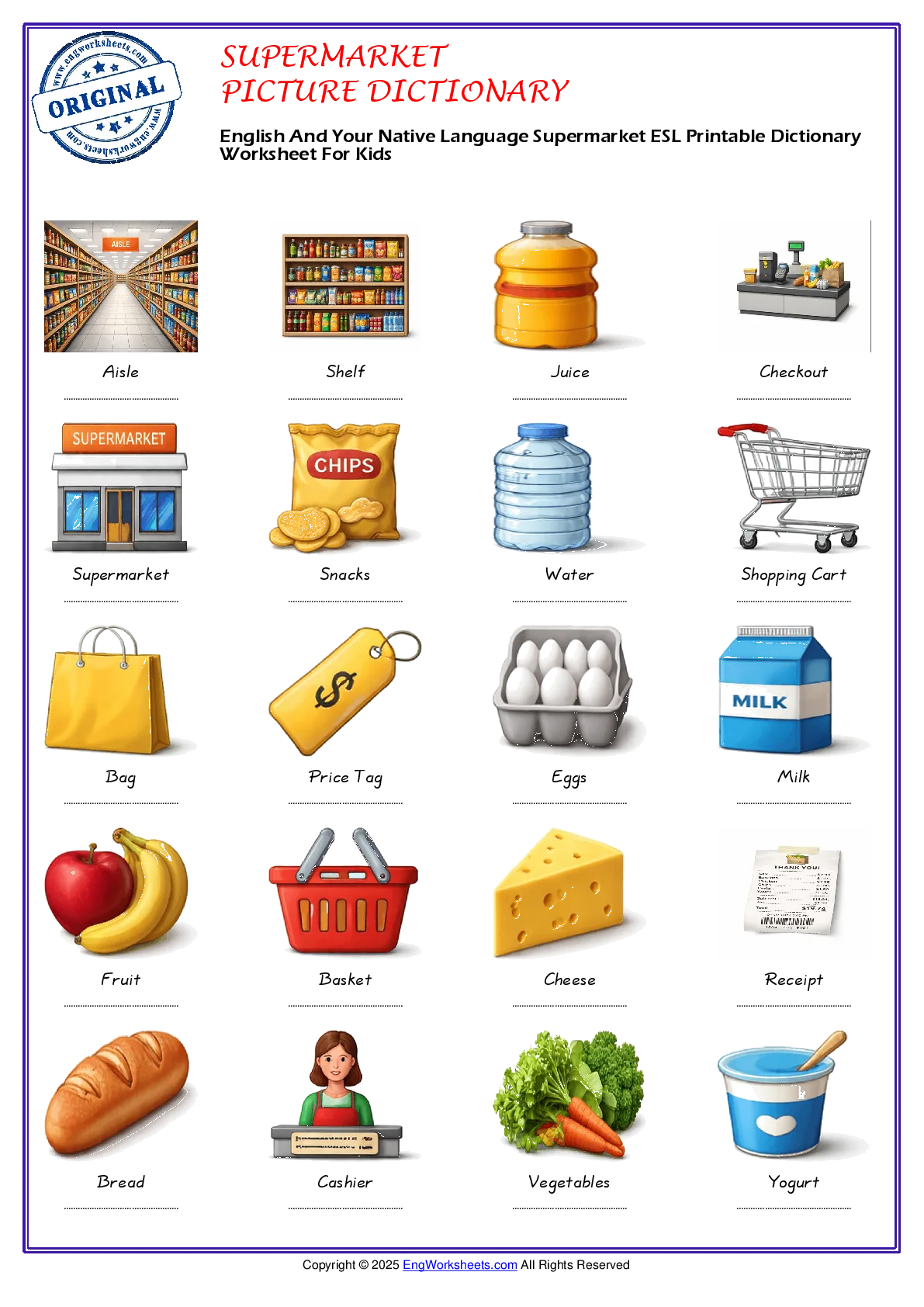 English And Your Native Language Supermarket ESL Printable Dictionary Worksheet For Kids Worksheet Preview