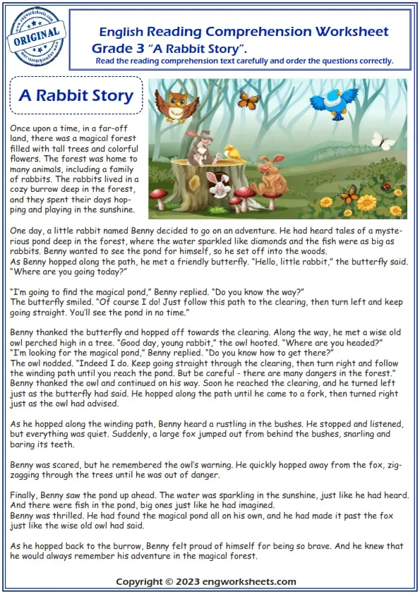 Reading Comprehension Worksheets - English Reading Comprehension Worksheet Grade 3 A Rabbit Story. Worksheet Preview