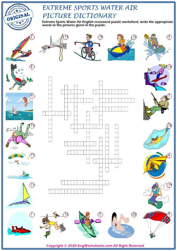 Extreme Sports Water Air English crossword puzzle worksheet, write the appropriate words to the pictures given in the puzzle. Worksheet Preview
