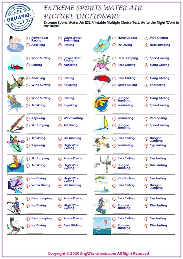 Extreme Sports Water Air ESL Printable Multiple Choice Test. Write the Right Word in the Blank. Worksheet Preview