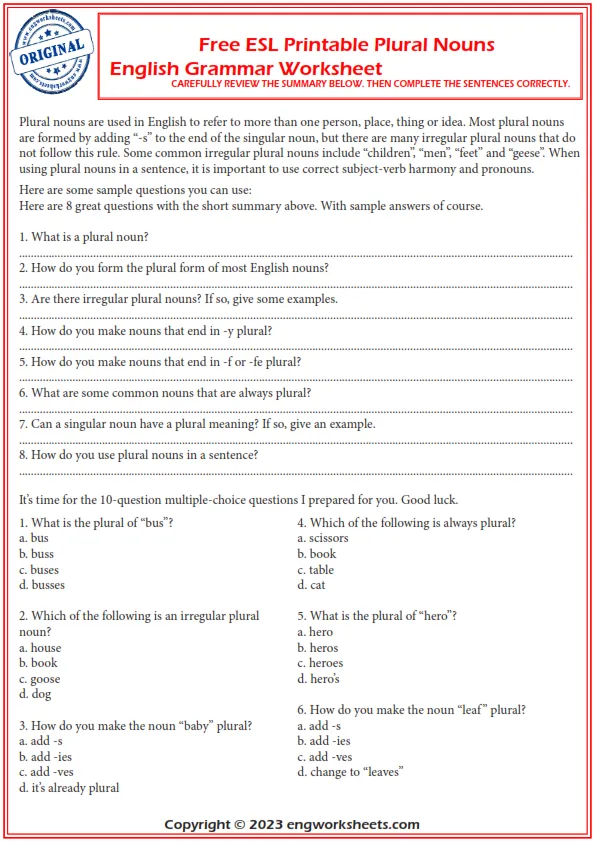 Free Esl Printable Plural Nouns English Grammar Worksheet Worksheet Preview