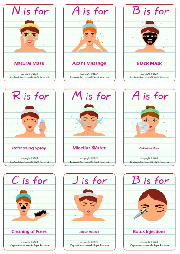 Facial Care vocabulary worksheet with words, nine images per page Worksheet Preview