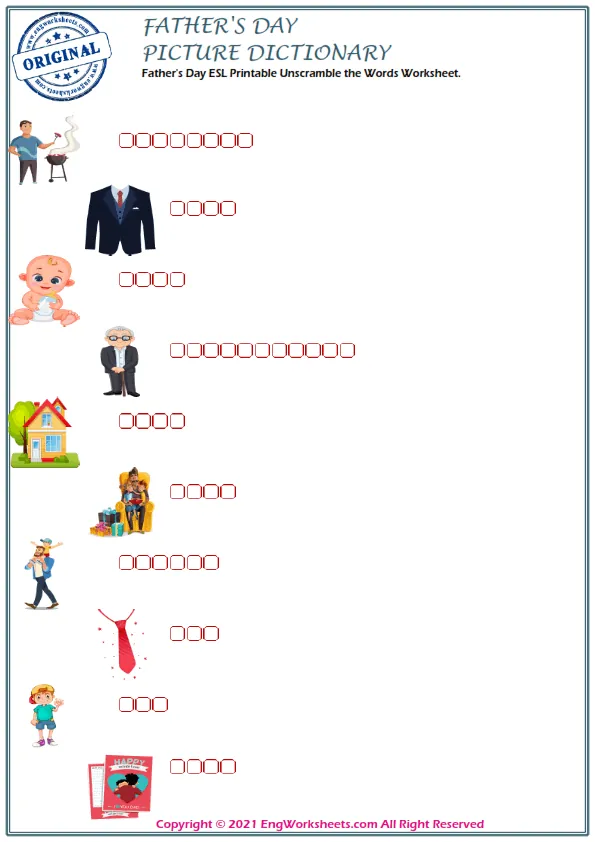 Father's Day ESL Printable Unscramble the Words Worksheet. Worksheet Preview