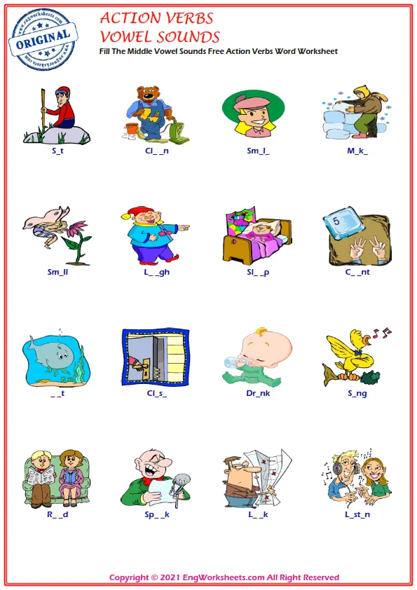Fill The Middle Vowel Sounds Free Action Verbs Word Worksheet