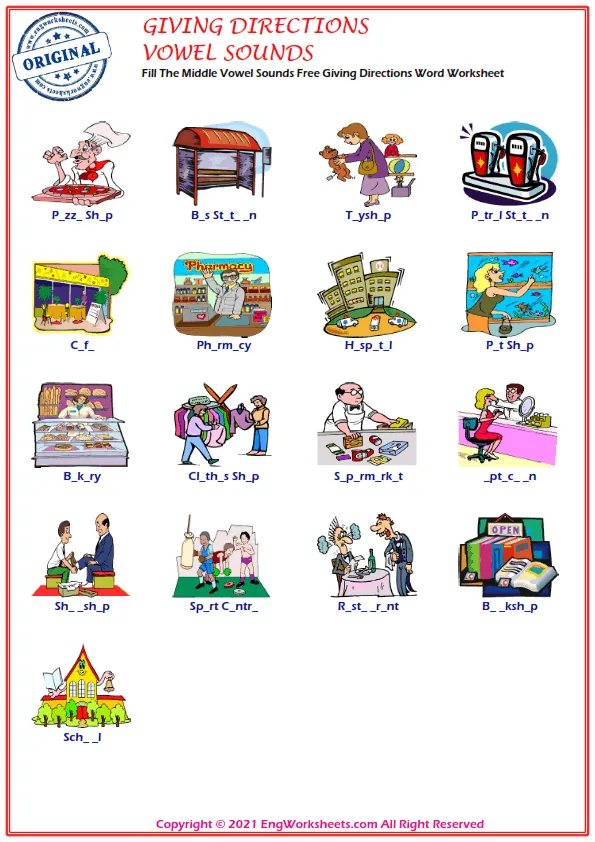 Fill The Middle Vowel Sounds Free Giving Directions Word Worksheet Worksheet Preview