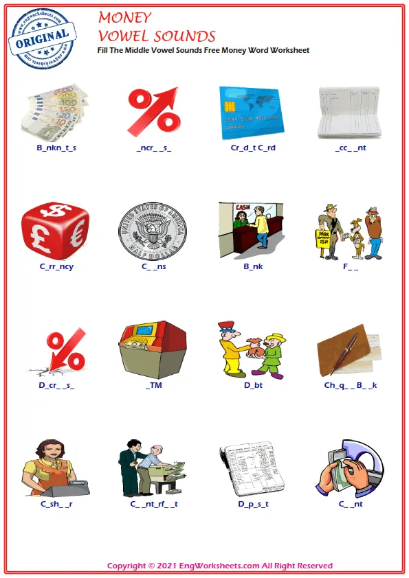 Fill The Middle Vowel Sounds Free Money Word Worksheet Worksheet Preview