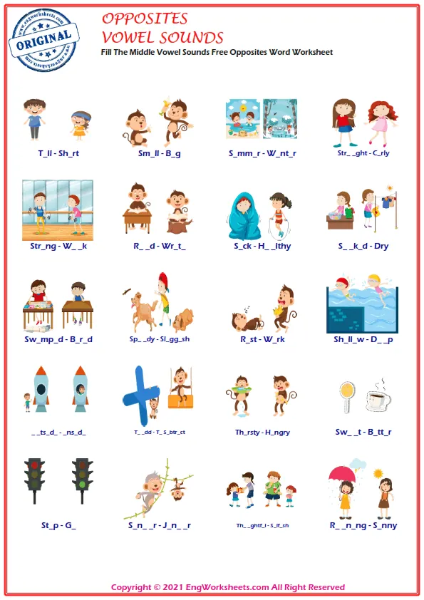 Fill The Middle Vowel Sounds Free Opposites Word Worksheet Worksheet Preview
